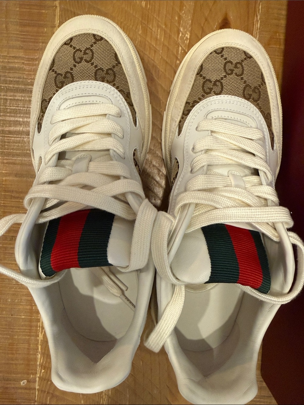 Gucci White Leather & Brown GG Canvas Sneakers with Red-Green Web - Picture 3 of 8